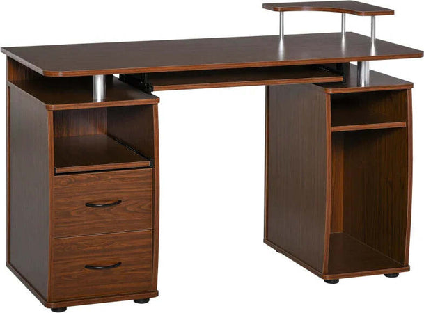 Scrivania-per-Computer-Moderna-Porta-PC-in-Legno-con-Cassetti,-Scrivania-Salvaspazio-Con-Libreria,-Mensola-Estraibile-e-Porta-Tastiera,-120x55x85cm,-Marrone-ZA6920-011V01ZA6