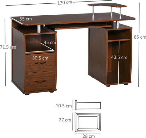 Scrivania-per-Computer-Moderna-Porta-PC-in-Legno-con-Cassetti,-Scrivania-Salvaspazio-Con-Libreria,-Mensola-Estraibile-e-Porta-Tastiera,-120x55x85cm,-Marrone-ZA6920-011V01ZA6
