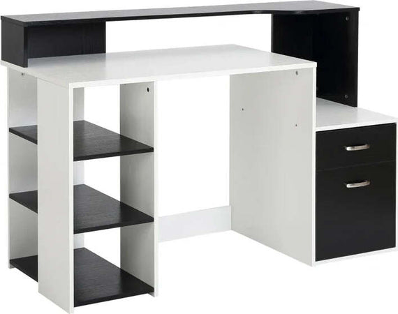 Scrivania-per-Ufficio-con-Ripiano-Stampante,-2-Cassetti-e-3-Mensole,-in-MDF-Bianco-e-Nero,-137-x-55-x-92cm-ZB4920-026ZB4