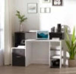 Scrivania-per-Ufficio-con-Ripiano-Stampante,-2-Cassetti-e-3-Mensole,-in-MDF-Bianco-e-Nero,-137-x-55-x-92cm-ZB4920-026ZB4