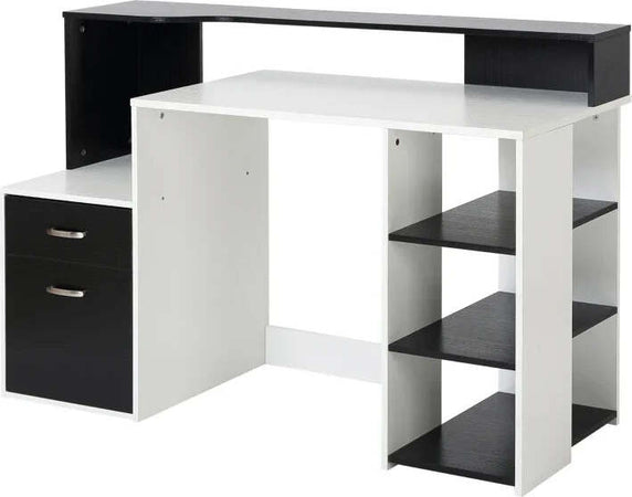 Scrivania-per-Ufficio-con-Ripiano-Stampante,-2-Cassetti-e-3-Mensole,-in-MDF-Bianco-e-Nero,-137-x-55-x-92cm-ZB4920-026ZB4
