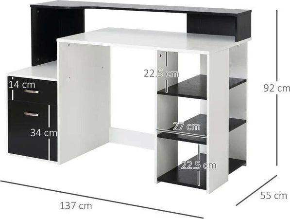 Scrivania-per-Ufficio-con-Ripiano-Stampante,-2-Cassetti-e-3-Mensole,-in-MDF-Bianco-e-Nero,-137-x-55-x-92cm-ZB4920-026ZB4
