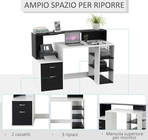 Scrivania-per-Ufficio-con-Ripiano-Stampante,-2-Cassetti-e-3-Mensole,-in-MDF-Bianco-e-Nero,-137-x-55-x-92cm-ZB4920-026ZB4