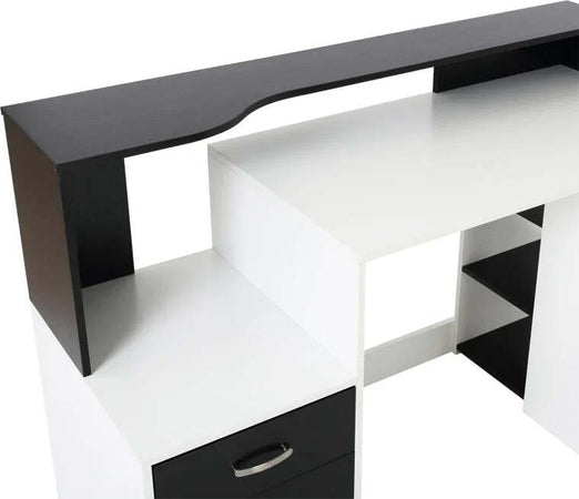 Scrivania-per-Ufficio-con-Ripiano-Stampante,-2-Cassetti-e-3-Mensole,-in-MDF-Bianco-e-Nero,-137-x-55-x-92cm-ZB4920-026ZB4