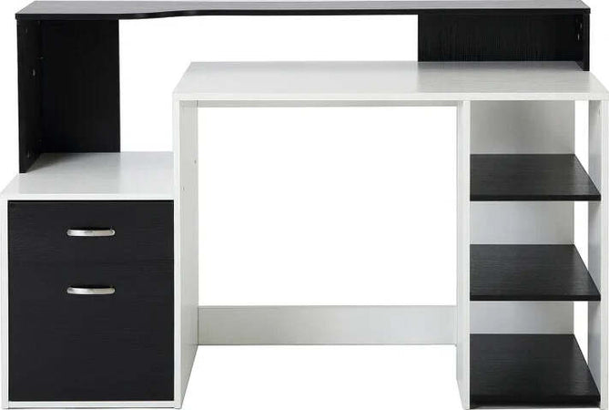 Scrivania-per-Ufficio-con-Ripiano-Stampante,-2-Cassetti-e-3-Mensole,-in-MDF-Bianco-e-Nero,-137-x-55-x-92cm-ZB4920-026ZB4