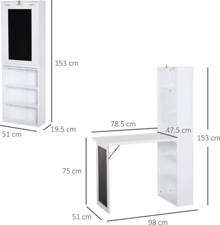 Scrivania-Pieghevole-con-Libreria-e-Lavagna-per-Camera-e-Ufficio,-Tavolo-da-Pranzo-a-Scomparsa-Salvaspazio,-Bianco,-98x51x153-cm-ZF1836-296WTZF1