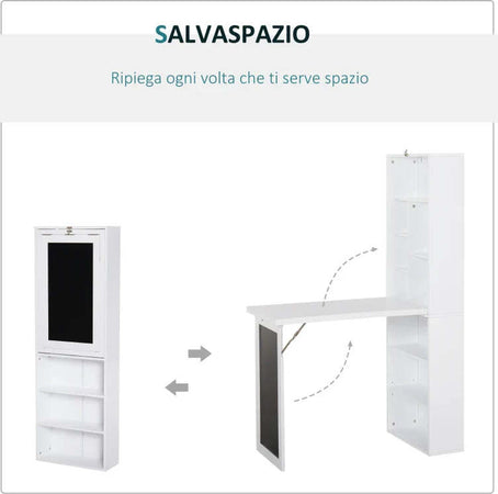 Scrivania-Pieghevole-con-Libreria-e-Lavagna-per-Camera-e-Ufficio,-Tavolo-da-Pranzo-a-Scomparsa-Salvaspazio,-Bianco,-98x51x153-cm-ZF1836-296WTZF1
