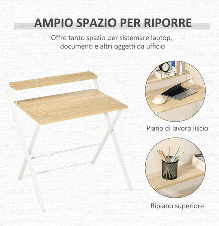 Scrivania-Pieghevole-Salvaspazio-con-Mensola-Superiore-per-Camera-e-Ufficio,-81.5x70x84cm,-Color-Legno-e-Bianco-QY5836-329QY5