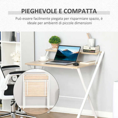 Scrivania-Pieghevole-Salvaspazio-con-Mensola-Superiore-per-Camera-e-Ufficio,-81.5x70x84cm,-Color-Legno-e-Bianco-QY5836-329QY5