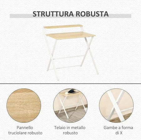 Scrivania-Pieghevole-Salvaspazio-con-Mensola-Superiore-per-Camera-e-Ufficio,-81.5x70x84cm,-Color-Legno-e-Bianco-QY5836-329QY5
