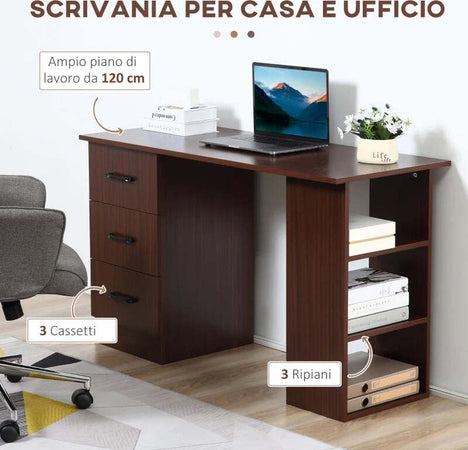 Scrivania-Ufficio-con-Cassetti-e-3-Ripiani-Reversibili-in-Legno,-120x49x72cm,-Noce-NW9836-068V01NW9