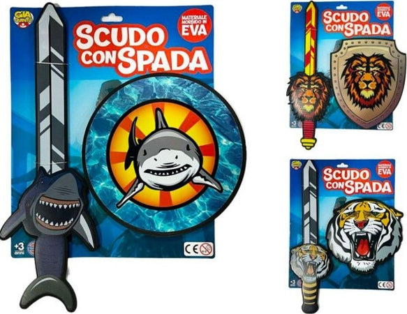 Scudo-Con-Spada-Modello-Con-Leone-Tigre-Oppure-Squalo-Gioco-Per-Bambini-Di-3+