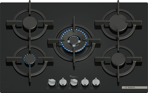 Bosch PPQ7A6I15 Piano Cottura 5 Fuochi a Gas 75 Cm in Vetro temperato Nero