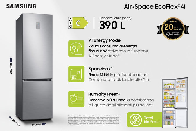 Samsung RB38C675CS9 Frigorifero Combinato Capacità 390L EcoFlex AI Energy Mode 2 metri Classe C