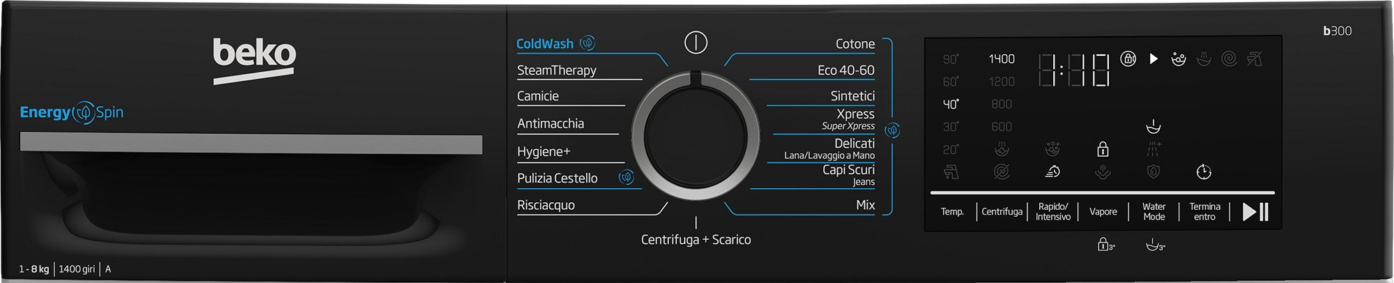 Beko Lavatrice BMEPWU4841B Frontale 8 kg Classe A 1400 Giri EnergySpin Nero e Bianco