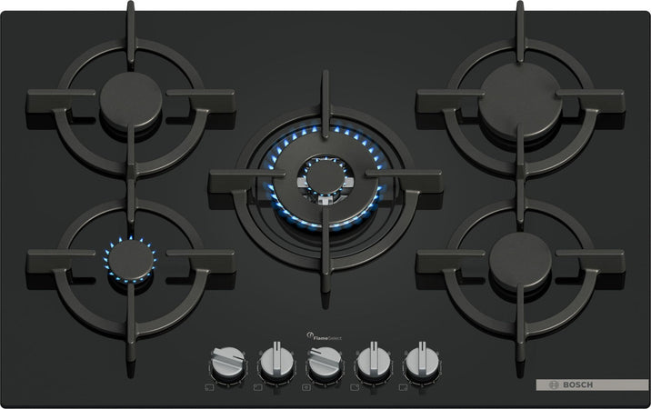 Bosch PPQ7A6I15 Piano Cottura 5 Fuochi a Gas 75 Cm in Vetro temperato Nero