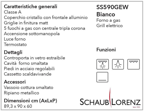 Schaub Lorenz SS590GEW Cucina 9060 5 Fuochi Forno Gas Grill Elettrico Portabombola Bianca
