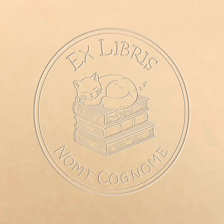 Timbro a Secco Ex Libris Gatto su Libro