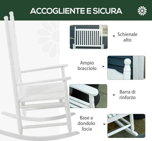Sedia-a-Dondolo-2-Posti-in-Legno-con-Schienale-Alto-e-Braccioli,-117x85x120-cm,-Bianco-84A-149
