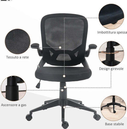 Sedia-da-Ufficio-Ergonomica-con-Altezza-Regolabile,-Braccioli-Ribaltabili-e-Tessuto-a-Rete,-Nero-NB6921-704V00BKNB6