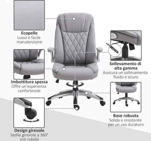 Sedia-da-Ufficio-Ergonomica-con-Imbottitura,-Altezza-Regolabile-e-5-Ruote,-70x71x113-121-cm,-Grigio-UL3920-063GYUL3