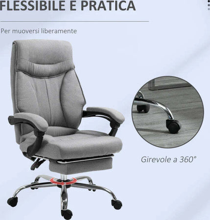 Sedia-da-Ufficio-Ergonomica-Girevole,-Sedia-da-Scrivania-con-Rotelle,-Poggiapiedi-Retrattile-e-Reclinabile-135°,-Altezza-Regolabile,-Grigio-YH8921-437YH8