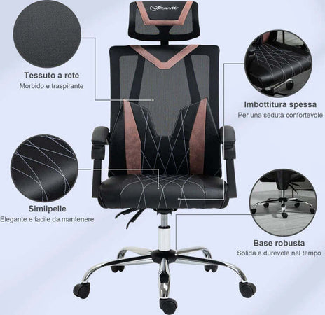 Sedia-da-Ufficio-Ergonomica-Inclinabile-a-130°-con-Supporto-Lombare-e-Cervicale,-58x62.5x112-120cm-NM5921-469PKNM5