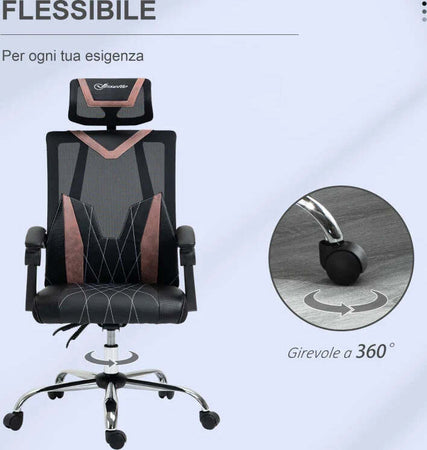 Sedia-da-Ufficio-Ergonomica-Inclinabile-a-130°-con-Supporto-Lombare-e-Cervicale,-58x62.5x112-120cm-NM5921-469PKNM5