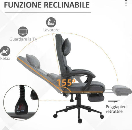 Sedia-da-Ufficio-Ergonomica-Reclinabile,-Sedia-Direzionale-con-Schiena-Alta,-Poltrona-Ufficio-con-Poggiatesta-e-Poggiapiedi-Estraibile,-66x76x112-120cm,-Grigio-ED2921-282GYED2
