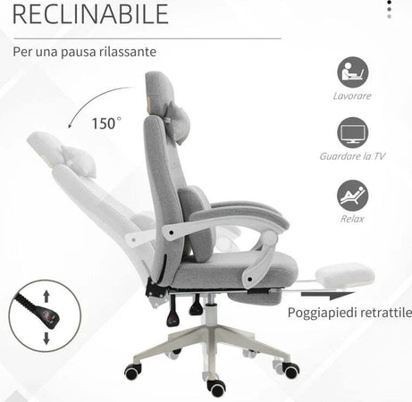 Sedia-da-Ufficio-Ergonomica,-Sedia-da-Scrivania-con-Rotelle,-Cuscino-Lombare,-Poggiatesta-e-Poggiapiedi-Estraibile,-Grigia-62x68x117-127cm-YH1921-253YH1