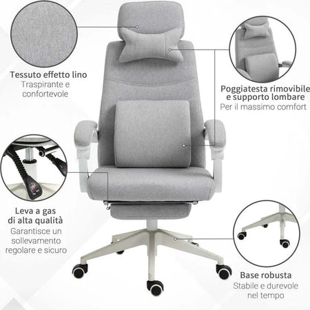Sedia-da-Ufficio-Ergonomica,-Sedia-da-Scrivania-con-Rotelle,-Cuscino-Lombare,-Poggiatesta-e-Poggiapiedi-Estraibile,-Grigia-62x68x117-127cm-YH1921-253YH1