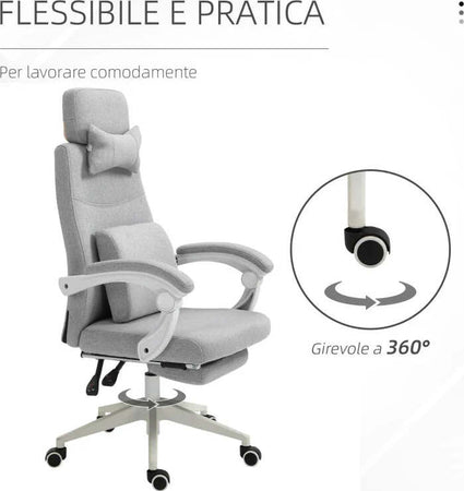 Sedia-da-Ufficio-Ergonomica,-Sedia-da-Scrivania-con-Rotelle,-Cuscino-Lombare,-Poggiatesta-e-Poggiapiedi-Estraibile,-Grigia-62x68x117-127cm-YH1921-253YH1