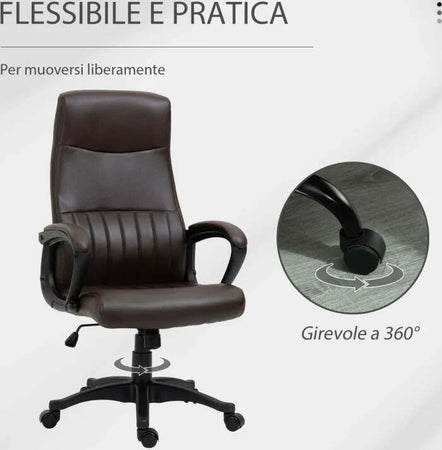 Sedia-da-Ufficio-Ergonomica,-Sedia-Girevole-con-Schienale-Alto-e-Dondolo,-Altezza-Regolabile-e-Ruote,-61.5x66x113-123cm,-Marrone-KJ8921-474BNKJ8