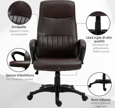 Sedia-da-Ufficio-Ergonomica,-Sedia-Girevole-con-Schienale-Alto-e-Dondolo,-Altezza-Regolabile-e-Ruote,-61.5x66x113-123cm,-Marrone-KJ8921-474BNKJ8