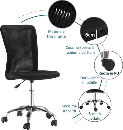 Sedia-da-Ufficio-Ergonomica-Senza-Braccioli,-Tessuto-Traspirante-a-Rete,-Altezza-Regolabile-e-5-Ruote,-43x58x90-100cm,-Nero-FG1921-226BKFG1