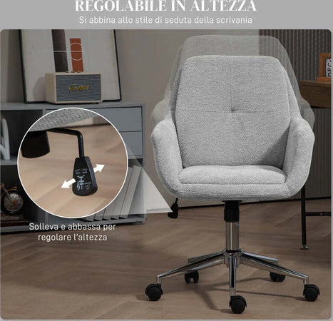 Sedia-da-Ufficio-Girevole-ad-Altezza-Regolabile,-in-Tessuto-Effetto-Lino-e-Acciaio,-55x66x86-96-cm,-Grigio-Chiaro-HP9921-712V00LGHP9
