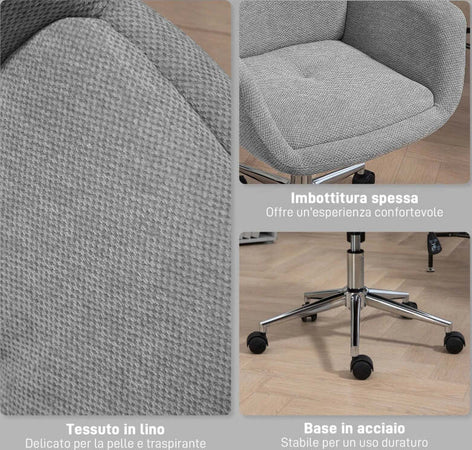 Sedia-da-Ufficio-Girevole-ad-Altezza-Regolabile,-in-Tessuto-Effetto-Lino-e-Acciaio,-55x66x86-96-cm,-Grigio-Chiaro-HP9921-712V00LGHP9