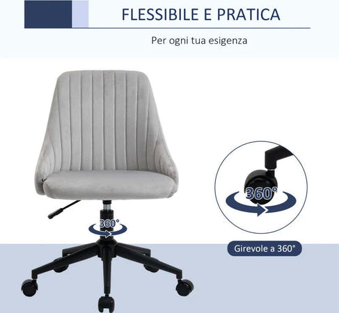 Sedia-da-Ufficio-in-Velluto-Grigio-con-Altezza-Regolabile,-Sedia-Ergonomica-Girevole-a-360°-e-Ruote,-50x58x77-87cm-JH1921-488GYHJ1