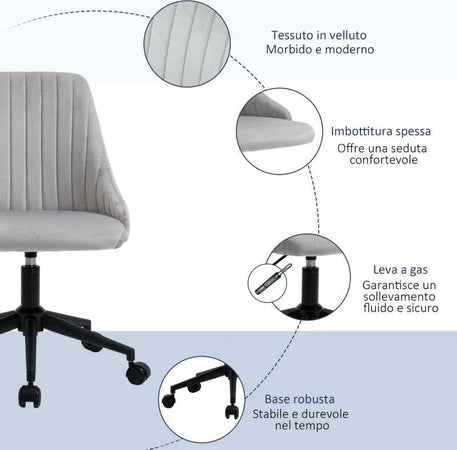 Sedia-da-Ufficio-in-Velluto-Grigio-con-Altezza-Regolabile,-Sedia-Ergonomica-Girevole-a-360°-e-Ruote,-50x58x77-87cm-JH1921-488GYHJ1