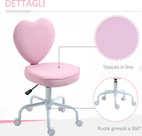 Sedia-per-Scrivania-a-Forma-di-Cuore-con-5-Rotelle-e-Altezza-Regolabile-in-Tessuto-Rosa,-40x50x79-89cm-JH5833-942JH5