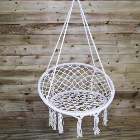 Sedia sospesa a dondolo, intreccio in corda, colore bianco, seduta comoda, per esterno Giardino e giardinaggio/Arredamento da giardino e accessori/Amache sedie sospese e accessori/Amache Decor Space - Altamura, Commerciovirtuoso.it