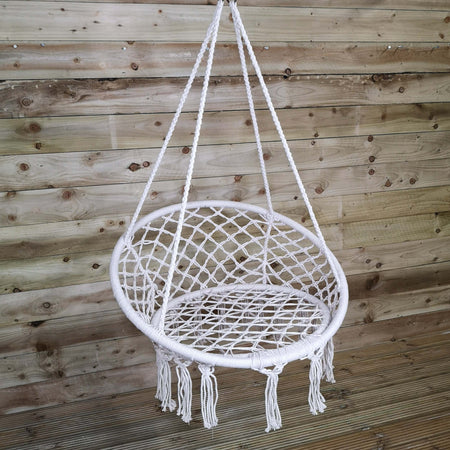 Sedia sospesa a dondolo, intreccio in corda, colore bianco, seduta comoda, per esterno Giardino e giardinaggio/Arredamento da giardino e accessori/Amache sedie sospese e accessori/Amache Decor Space - Altamura, Commerciovirtuoso.it
