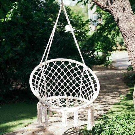 Sedia sospesa a dondolo, intreccio in corda, colore bianco, seduta comoda, per esterno Giardino e giardinaggio/Arredamento da giardino e accessori/Amache sedie sospese e accessori/Amache Decor Space - Altamura, Commerciovirtuoso.it