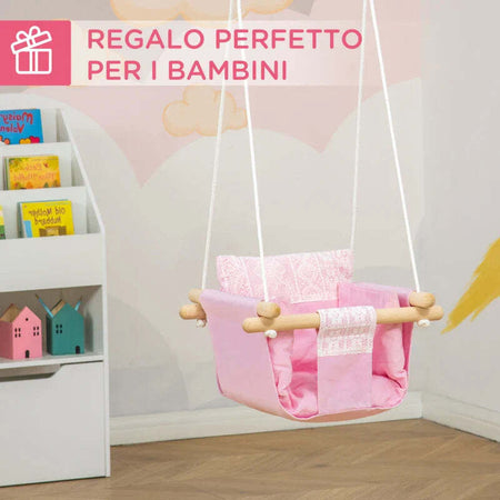 Seggiolino-Altalena-per-Bambini-in-Tessuto-e-Legno-con-Cuscino,-40x40x180cm,-Rosa-TG6344-027PKTG6