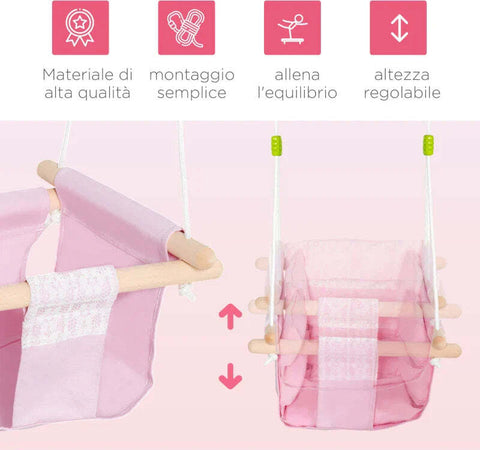 Seggiolino-Altalena-per-Bambini-in-Tessuto-e-Legno-con-Cuscino,-40x40x180cm,-Rosa-TG6344-027PKTG6