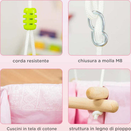 Seggiolino-Altalena-per-Bambini-in-Tessuto-e-Legno-con-Cuscino,-40x40x180cm,-Rosa-TG6344-027PKTG6