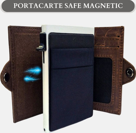 Sei-G-portacarte-safe-magnetic-silver-con-custodia-in-pelle-marrone