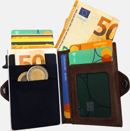 Sei-G-portacarte-safe-magnetic-silver-con-custodia-in-pelle-marrone