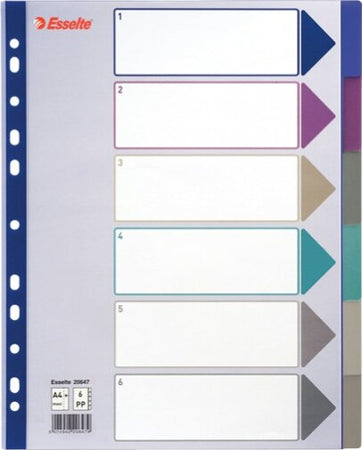 Separatore - 6 tasti - PP traslucido - A4 maxi - 24 5x29 7 cm - multicolore - Esselte Cancelleria e prodotti per ufficio/Archivio ufficio e accessori per scrivania/Archivio ufficio/Cartelle sospese e accessori/Indici per cartelle sospese Eurocartuccia - Pavullo, Commerciovirtuoso.it