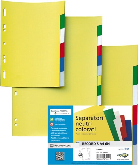 Separatore Record S - 6 tasti - PPL - 15 x 21 cm - A5 - multicolore - Sei Rota Cancelleria e prodotti per ufficio/Archivio ufficio e accessori per scrivania/Archivio ufficio/Cartelle sospese e accessori/Indici per cartelle sospese Eurocartuccia - Pavullo, Commerciovirtuoso.it
